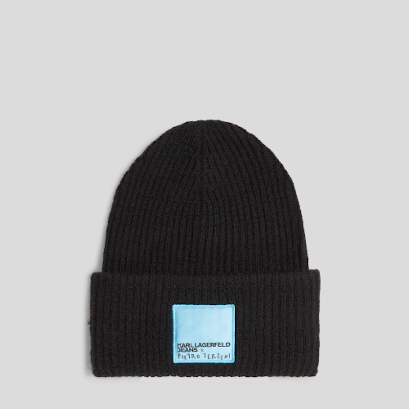 Bonnet homme Karl Lagerfeld noir étiquette bleu ciel