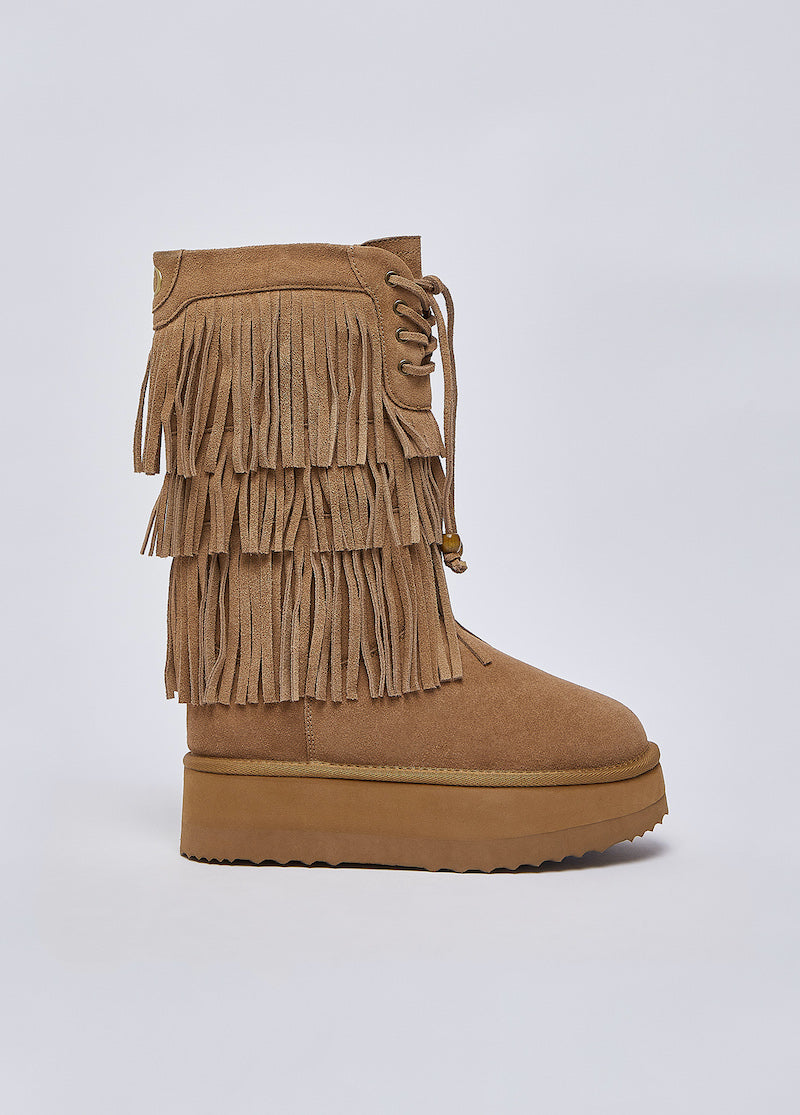 Bottes femme Liu Jo en suède cognac à franges – Doublure chaude