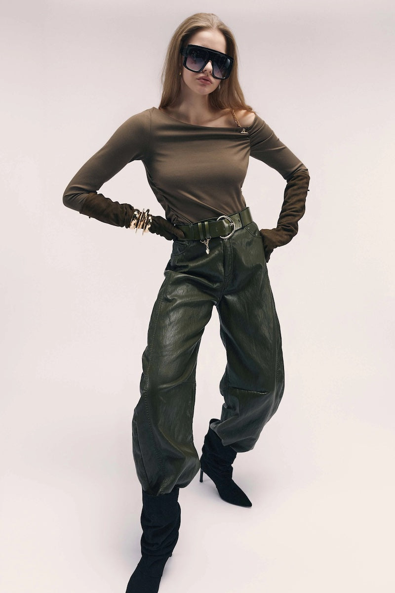Pantalon barrel cuir éco kaki BSB fashion