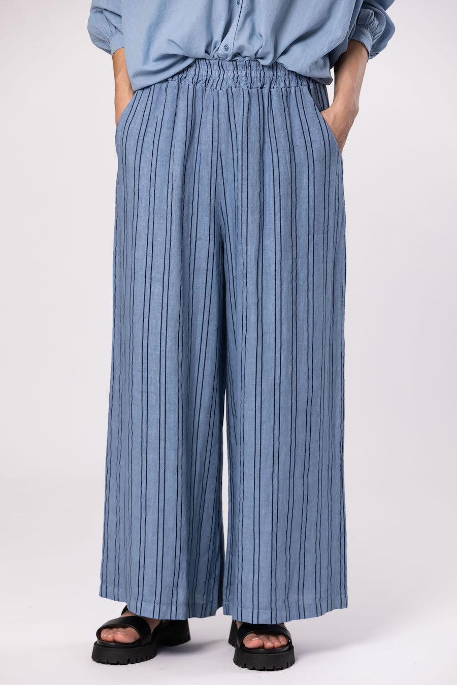 Pantalon large en lin bleu OMER OM026H