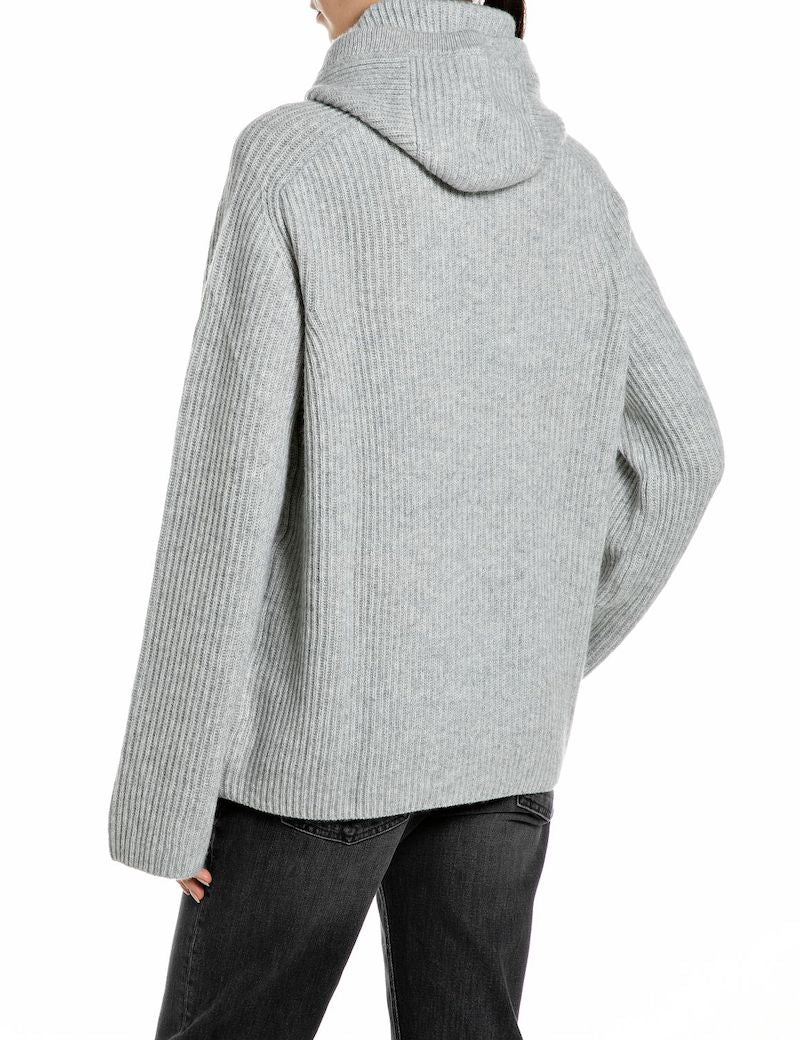 Pull à capuche femme Replay Jeans gris – maille chaude laine et viscose – col remonté