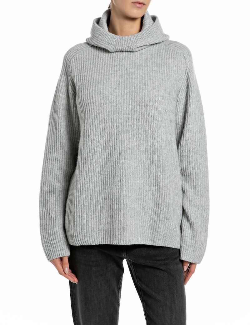 Pull à capuche femme Replay Jeans gris – maille chaude laine et viscose – col remonté