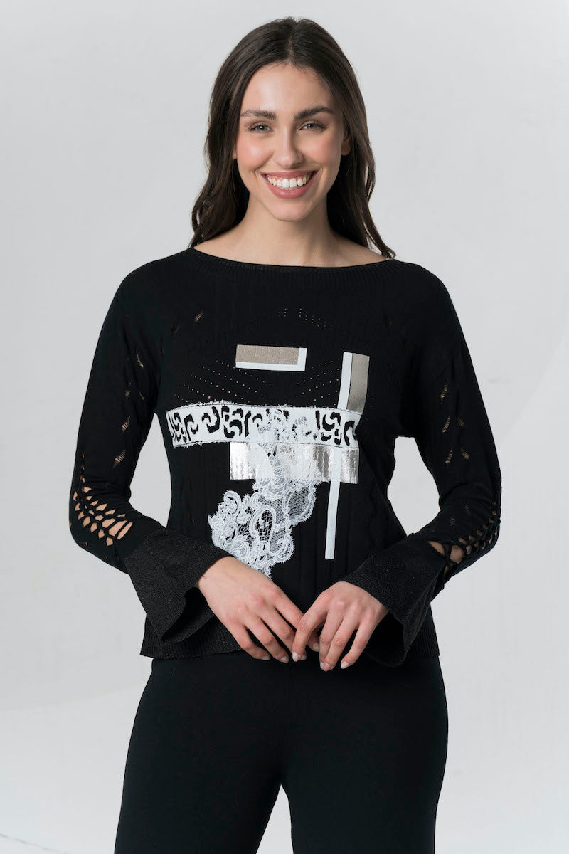 Pull ajouré en maille et dentelle Elisa Cavaletti