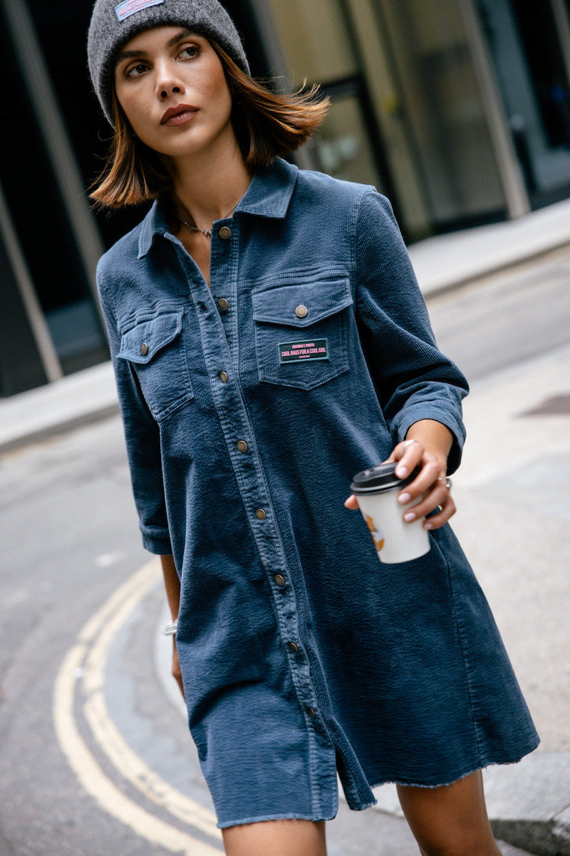 Robe Rolly Velvet bleu en velours côtelé