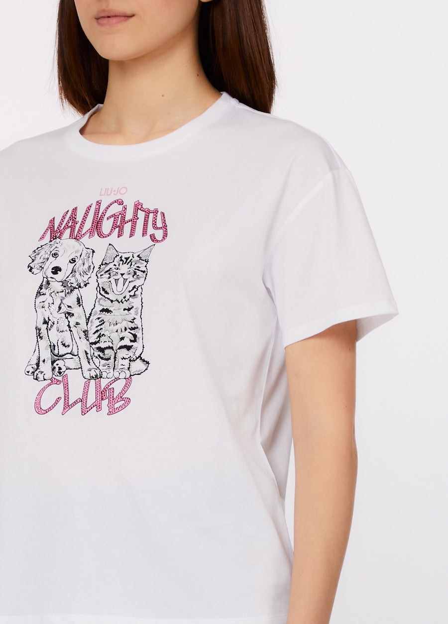 Tshirt femme avec chien et chat en strass Liu Jo