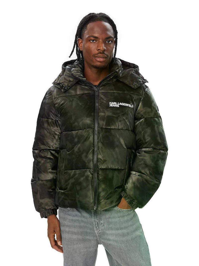 Blouson doudoune homme Karl Lagerfeld noir reflets kaki